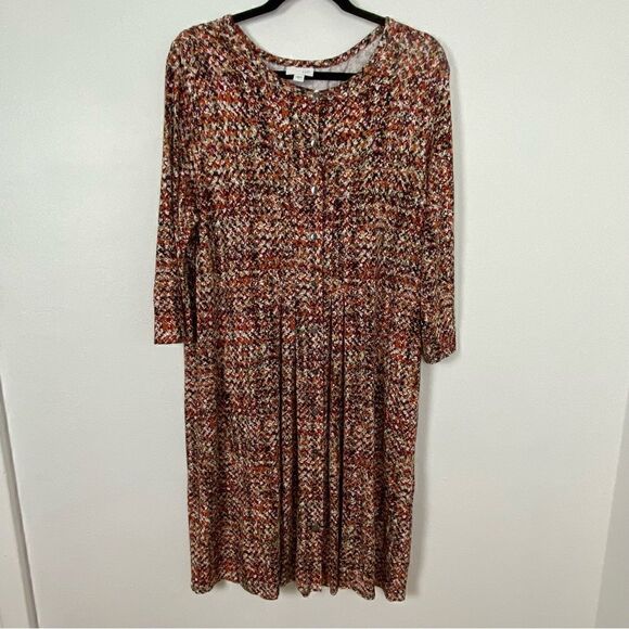 J Jill Midi Dress Sz L Brown Abstract Stretchy Knit Long Sleeve Pleated Pockets - Picture 11 of 11